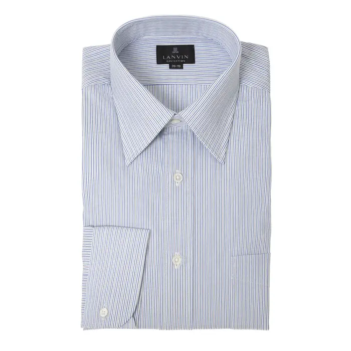 LANVIN 長袖 ワイシャツ メンズ ブルー ストライプ レギュラーカラー ドレスシャツ  春夏秋冬 日本製|綿100％ 
