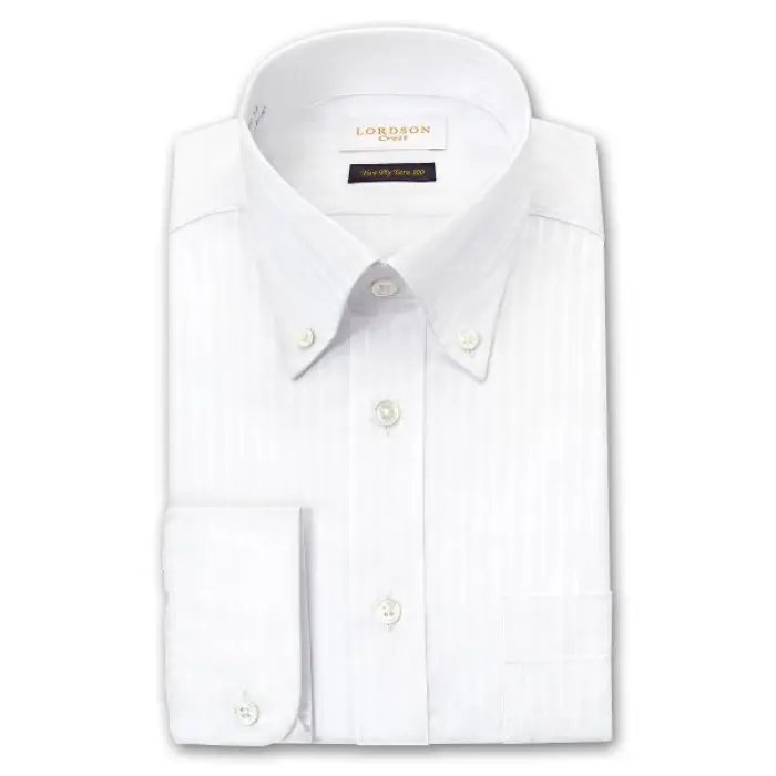 Crest 長袖 ワイシャツ メンズ 形態安定加工 スリムフィット ボタンダウンカラー ホワイト 白ドビー ブロックストライプ |綿100％ 