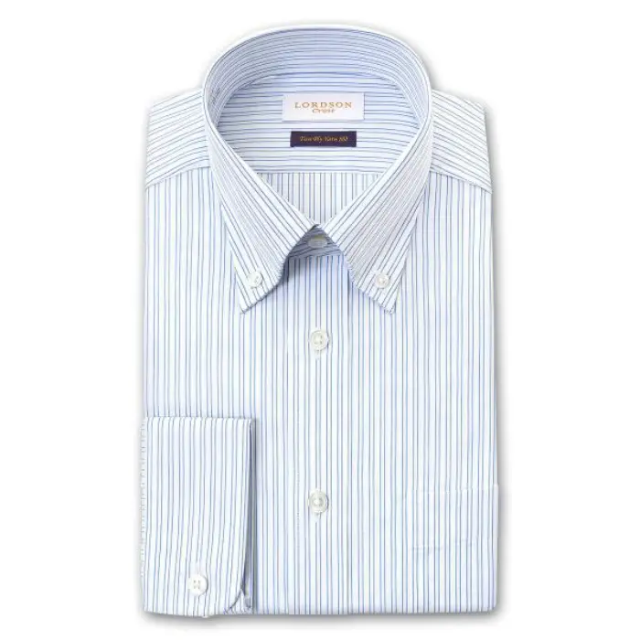 Crest 長袖 ワイシャツ メンズ 形態安定加工 スリムフィット ボタンダウンカラー スカイブルー ダブルストライプ |綿100％ 