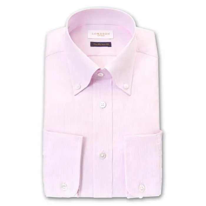 Crest 長袖 ワイシャツ メンズ 形態安定加工 スリムフィット ピンクパープル ダブルピンストライプ ボタンダウン|綿100％ 