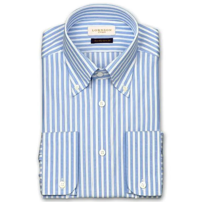 Crest 長袖 ワイシャツ メンズ 春夏秋冬 形態安定加工 スリム ブルーストライプ ボタンダウン|綿100％ 