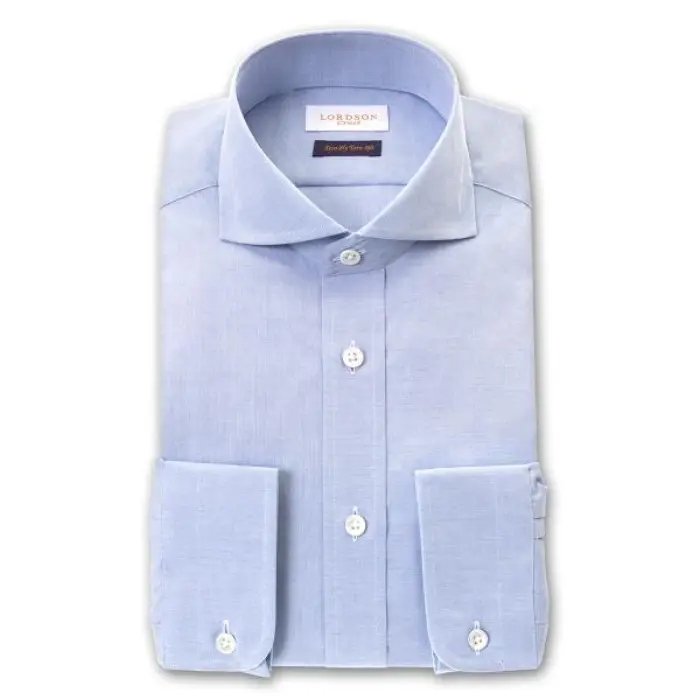 Crest 長袖 ワイシャツ メンズ 形態安定加工 スリムフィット カッタウェイワイドカラー ライトブルー ハケメ エンドオンエンド |綿100％ 