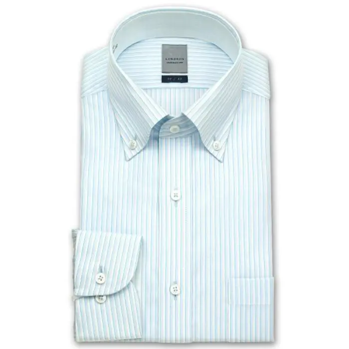 長袖 ワイシャツ メンズ 春夏秋 形態安定加工 吸水速乾 ブルーストライプ ボタンダウンシャツ|綿100％ ブルー