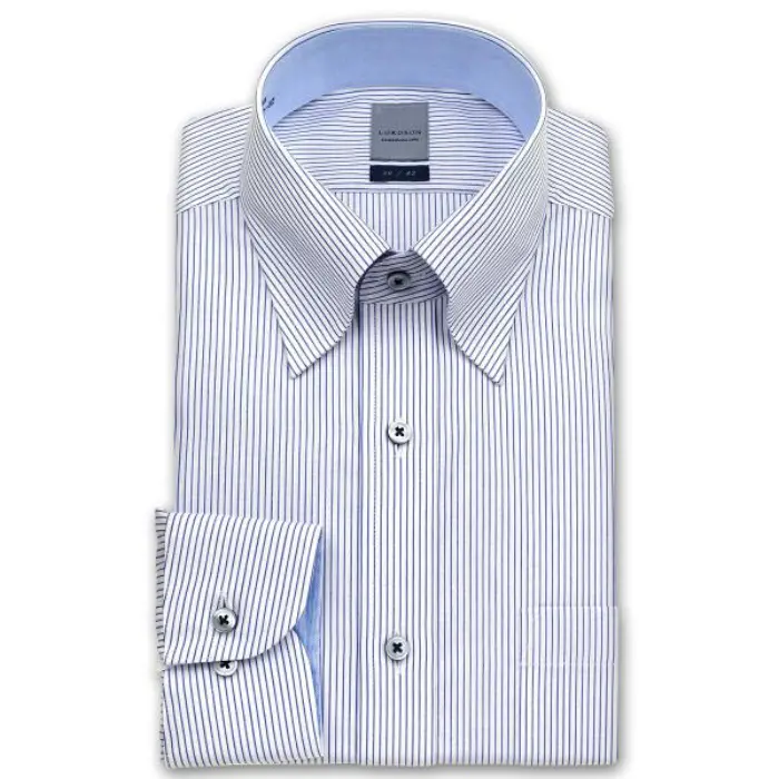 長袖 ワイシャツ メンズ 春夏秋 形態安定加工 吸水速乾 ブルーペンシルストライプ スナップダウンシャツ|綿100％