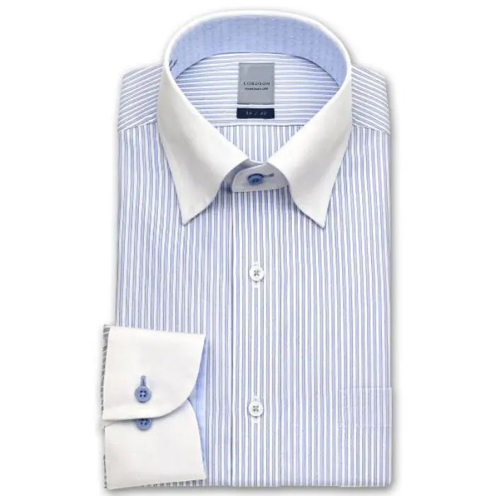 長袖 ワイシャツ メンズ 春夏秋 形態安定加工 吸水速乾 ブルーストライプ スナップダウン クレリックシャツ|綿100％ ブルー