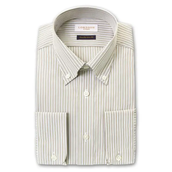 Crest 長袖 ワイシャツ メンズ 形態安定加工 スリムフィット ブロックストライプ ブラウン アイボリー ホワイト ボタンダウン|綿100％ 