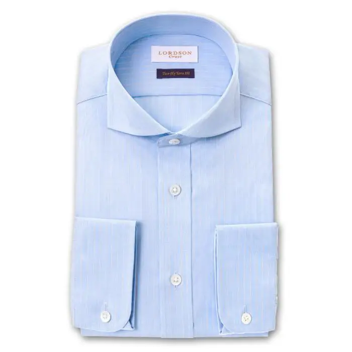Crest 長袖 ワイシャツ メンズ 形態安定加工 スリムフィット カッタウェイワイドカラー スカイブルー イエロー オルタネイトストライプ |綿100％ 