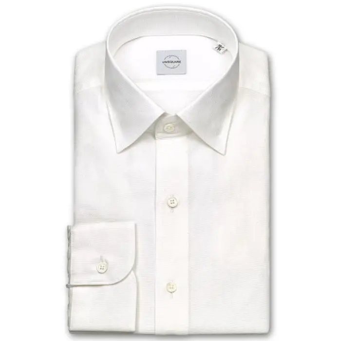 UNSQUARE 長袖 ワイシャツ メンズ 春夏秋 標準体 オフホワイト 蜂巣織り ワイドカラーシャツ|綿100％ ホワイト 