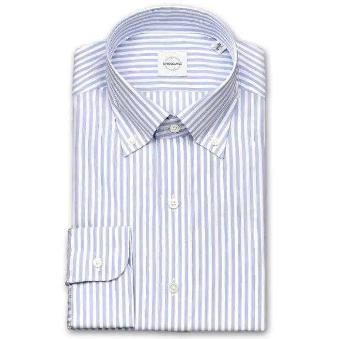 UNSQUARE 長袖 ワイシャツ メンズ 春夏秋 標準体 ブルー ロンドンストライプ ボタンダウンシャツ|綿100％ ブルー 