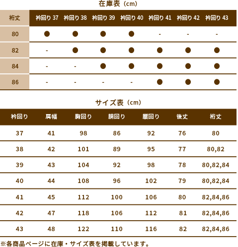 Choya在庫表・サイズ表一例